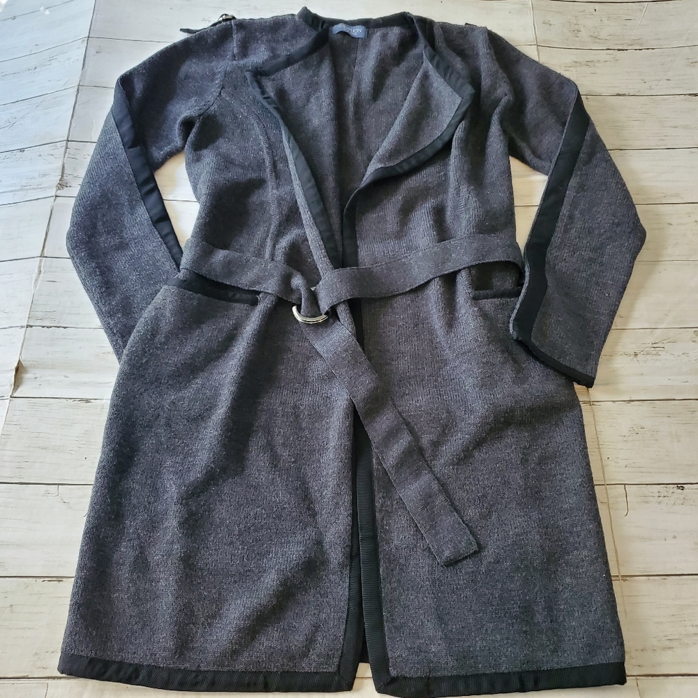 Gryphon new york‎ long belted sweater knit cardigan gray 100% wool sample piece